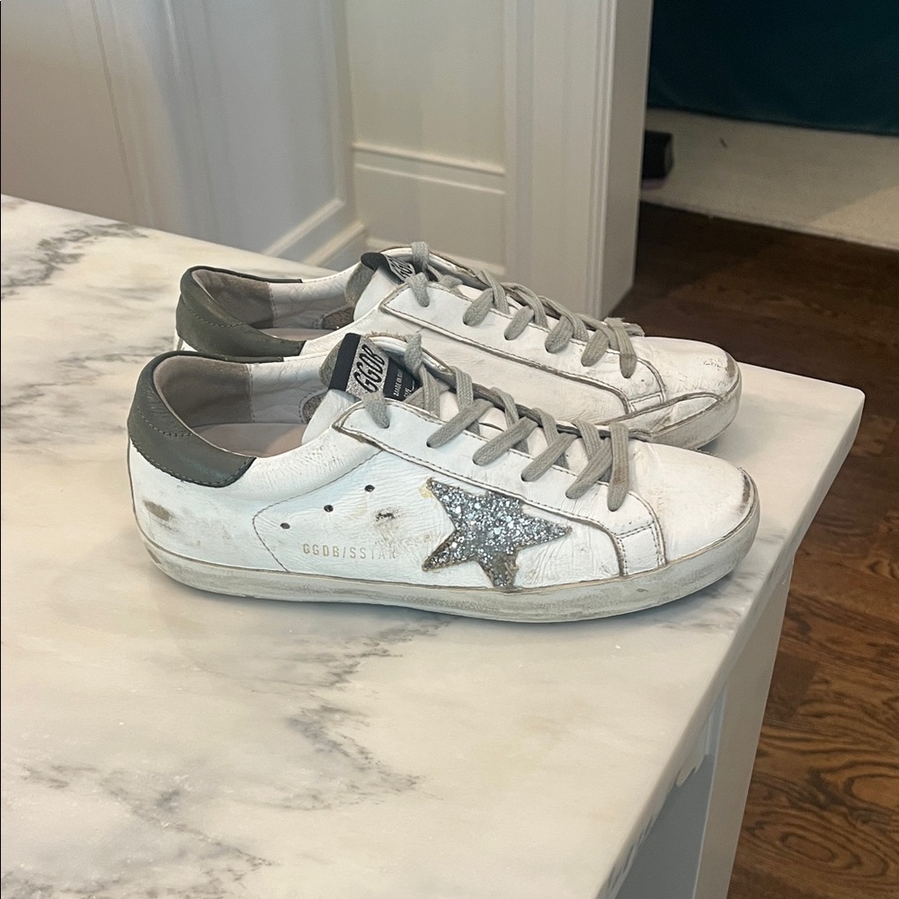 Golden Goose White Sneakers with Silver Glitter Star
